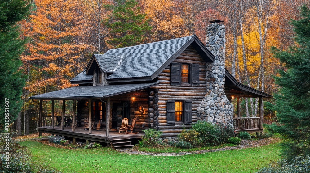 A charming log cabin nestled in a vibrant autumn forest, surrounded by colorful foliage and a serene lawn. A charming log cabin nestled in a vibrant autumn forest, surrounded by colorful foliage and a serene lawn.