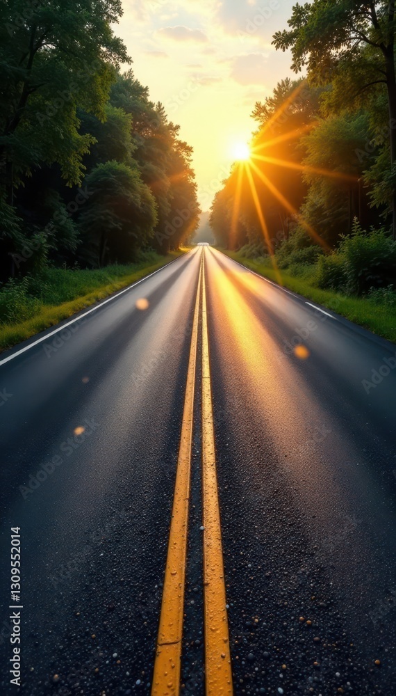 Obraz premium Dark asphalt highway, yellow lane markings, sun glare, drone, traffic, road