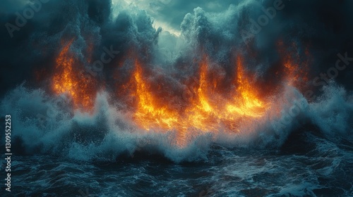Wallpaper Mural Fiery waves crash on stormy sea; dramatic scene; powerful ocean; possible use in movie poster or game art Torontodigital.ca