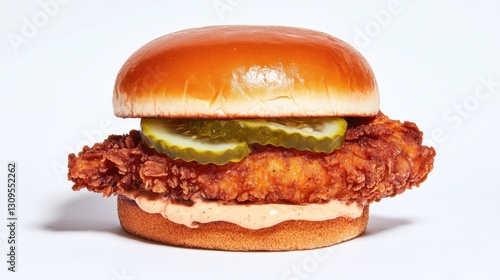 A large, thick, and juicy chicken sandwich with pickles and mayonnaise
