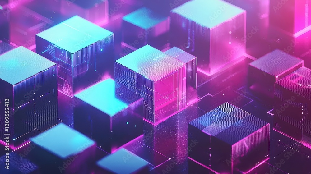 Dynamic digital cubes in neon colors abstract art futuristic setting 3d viewpoint technology concept Dynamic digital cubes in neon colors abstract art futuristic setting 3d viewpoint technology concept