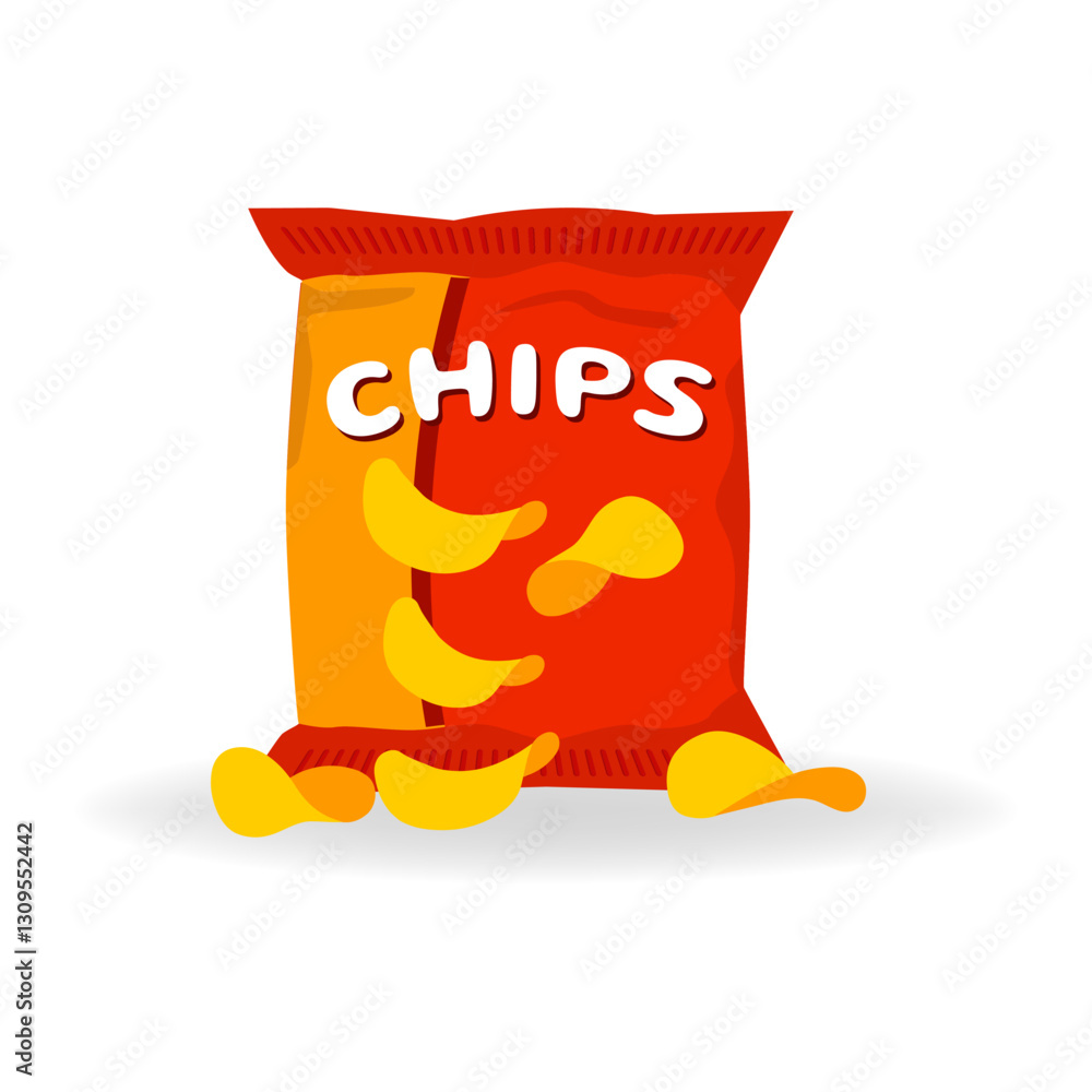 Flat vector packaging with red and yellow snack chips isolated on white background with flying snack chips. Goods for snacking on the go, vending.