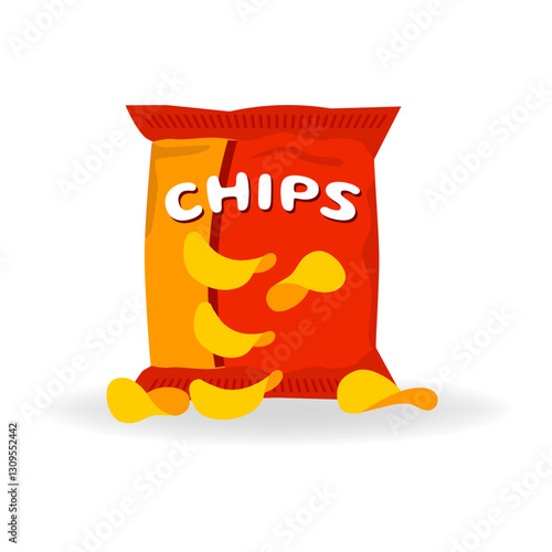 Obraz na płótnie Flat vector packaging with red and yellow snack chips isolated on white background with flying snack chips. Goods for snacking on the go, vending. w salonie