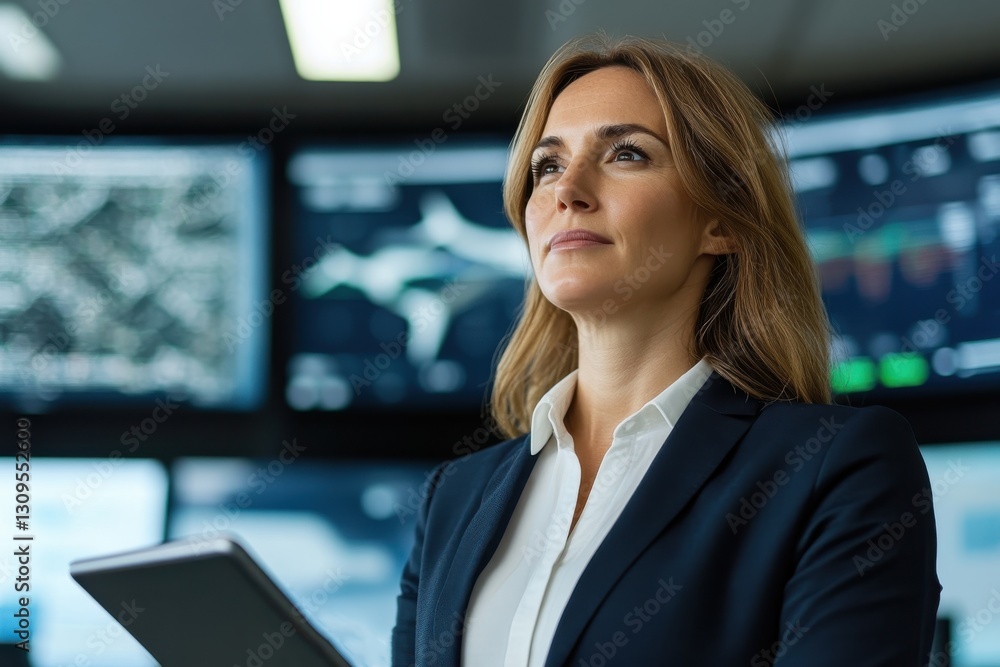 A determined businesswoman stands confidently in a control room, surrounded by multiple data screens, representing leadership in the aviation and data analysis sector. A determined businesswoman stands confidently in a control room, surrounded by multiple data screens, representing leadership in the aviation and data analysis sector.