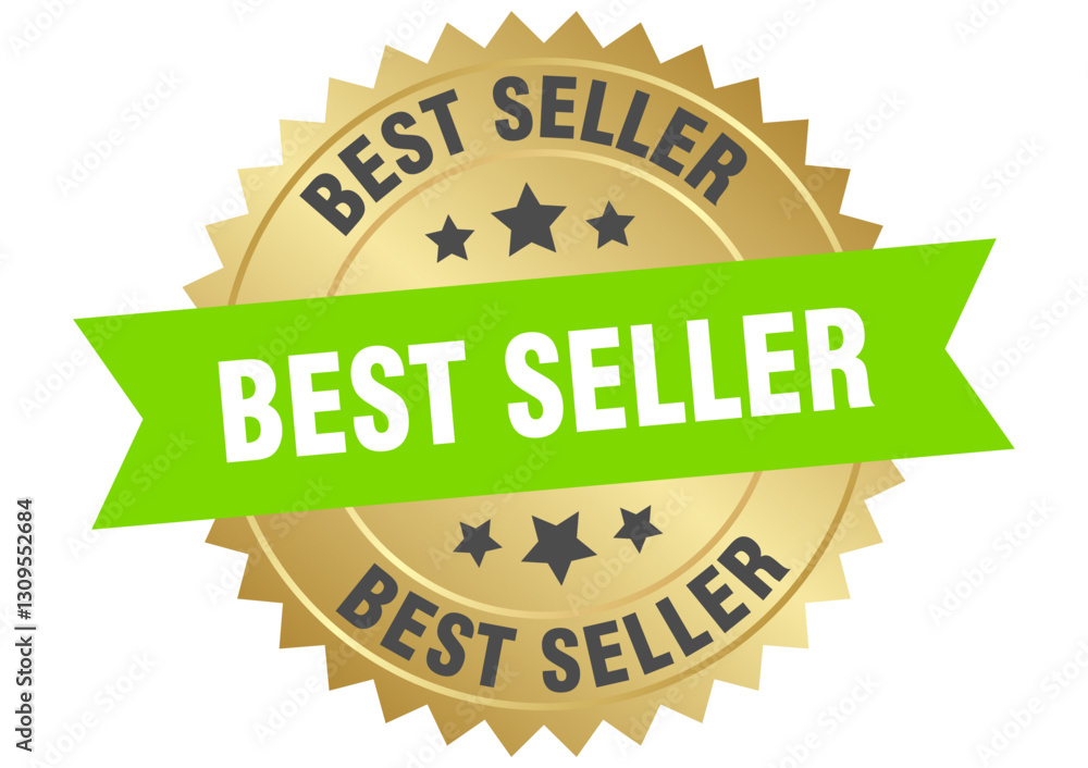 Obraz premium best seller. best seller round green and gold label isolated on transparent background