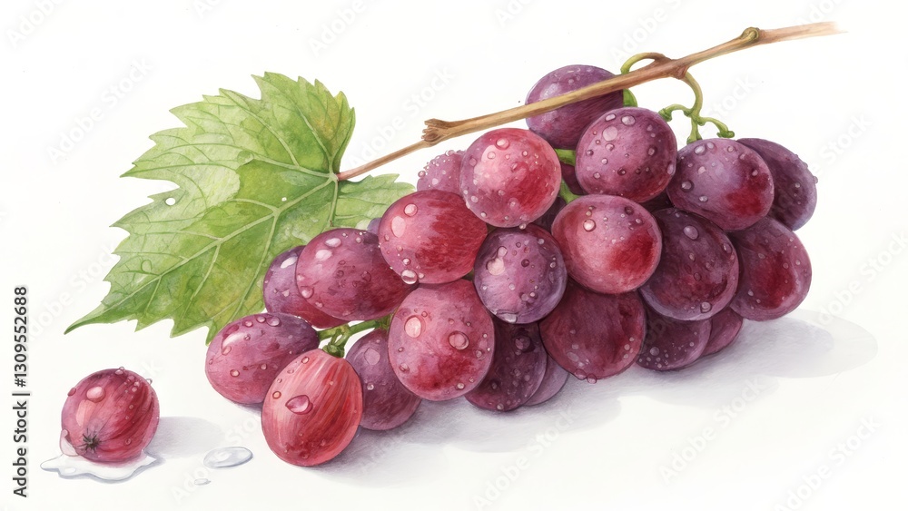 Fototapeta premium Watercolor Painting of Fresh Red Grapes with Water Droplets and Leaf, Fruit, Art