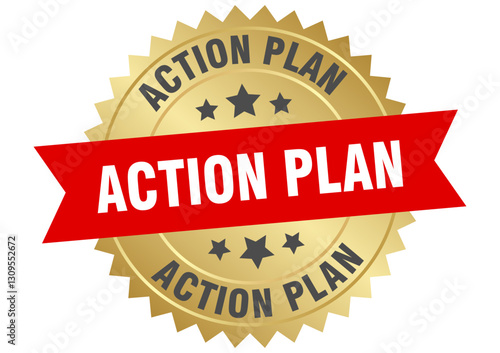 action plan. action plan round red and gold label isolated on transparent background