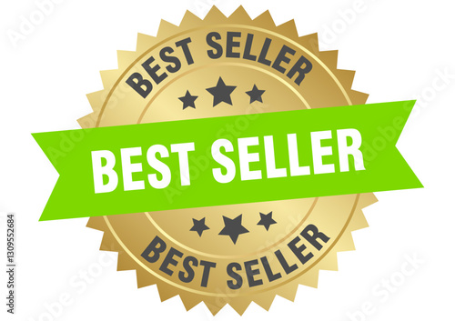 best seller. best seller round green and gold label isolated on transparent background