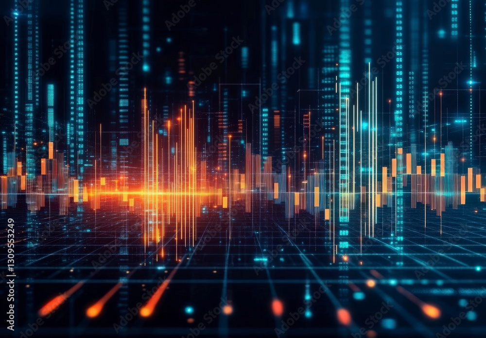 Abstract digital data visualization with glowing bars and lines representing sound waves and analytics in a high-tech environment. Abstract digital data visualization with glowing bars and lines representing sound waves and analytics in a high-tech environment.