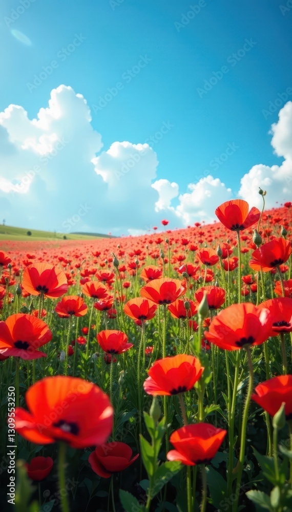 Obraz premium Dense carpet of scarlet poppies under blue sky, orange, rural, detail