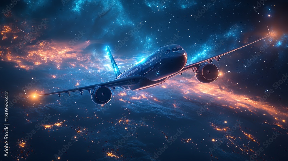 Obraz premium Hightech airplane spaceship with glowing energy fields, navigating through a galaxy filled with nebulae and bright stars