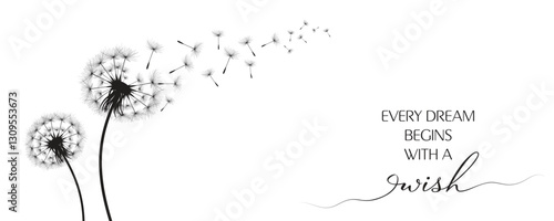 Vector illustration dandelion time. Black Dandelion seeds blowing in the wind. The wind inflates a dandelion isolated on a white background.