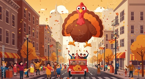 Thanksgiving Parade with Turkey Balloon and Festive Crowd Celebration