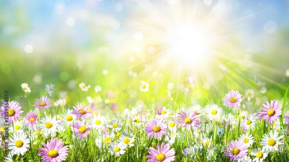 Fototapeta premium Sunny meadow, daisies blooming, spring background, idyllic scene