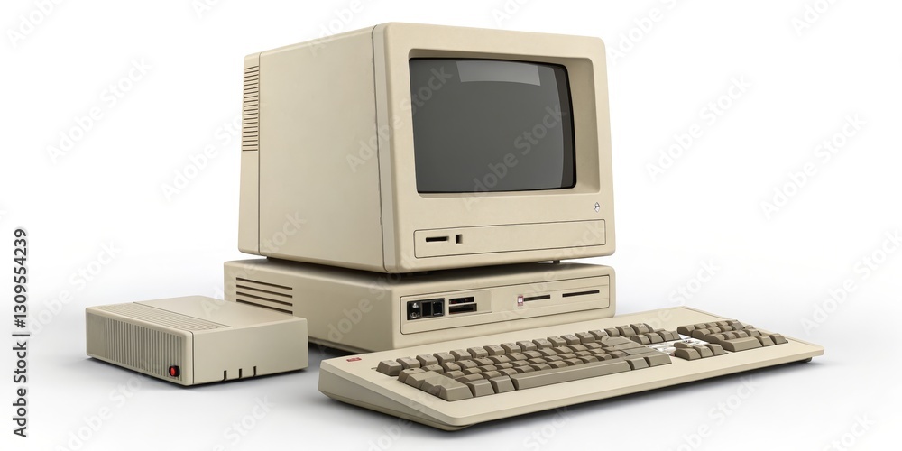 Fototapeta premium Retro Beige Computer Setup Monitor, Keyboard and Drive, Vintage Computing ,Old Tech