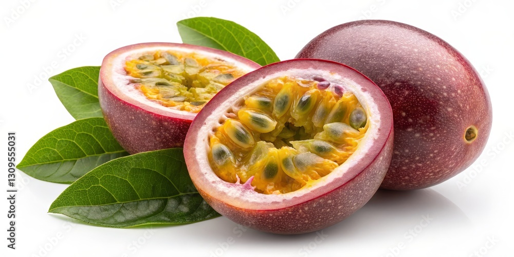 Naklejka premium Passion Fruit Still Life Halved Exotic Fruits with Green Leaves on White, Tropical , Healthy