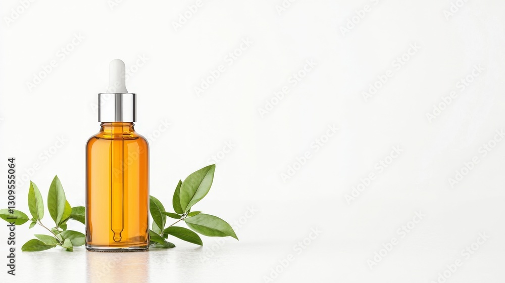 A glass bottle of orange serum with a dropper sits next to fresh green leaves on a clean white surface, suggesting skincare and natural beauty. A glass bottle of orange serum with a dropper sits next to fresh green leaves on a clean white surface, suggesting skincare and natural beauty.