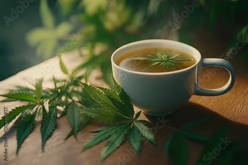 Steaming Cannabis Herbal Tea on Rustic Wood photo