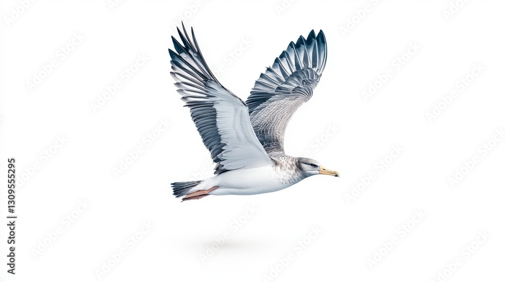 A albatross in mid-flight against a white background, showcasing its wings and body in a graceful posture. A albatross in mid-flight against a white background, showcasing its wings and body in a graceful posture.
