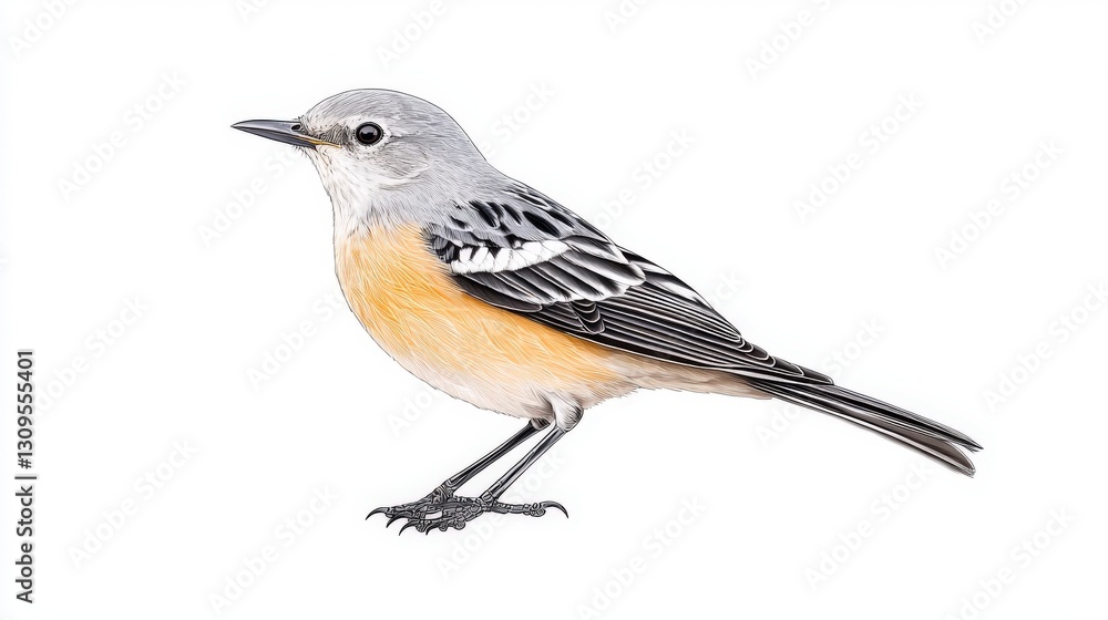 Fototapeta premium A small mockingbird with a gray head and orange belly, standing on a white background, showcasing its delicate features and unique coloration.