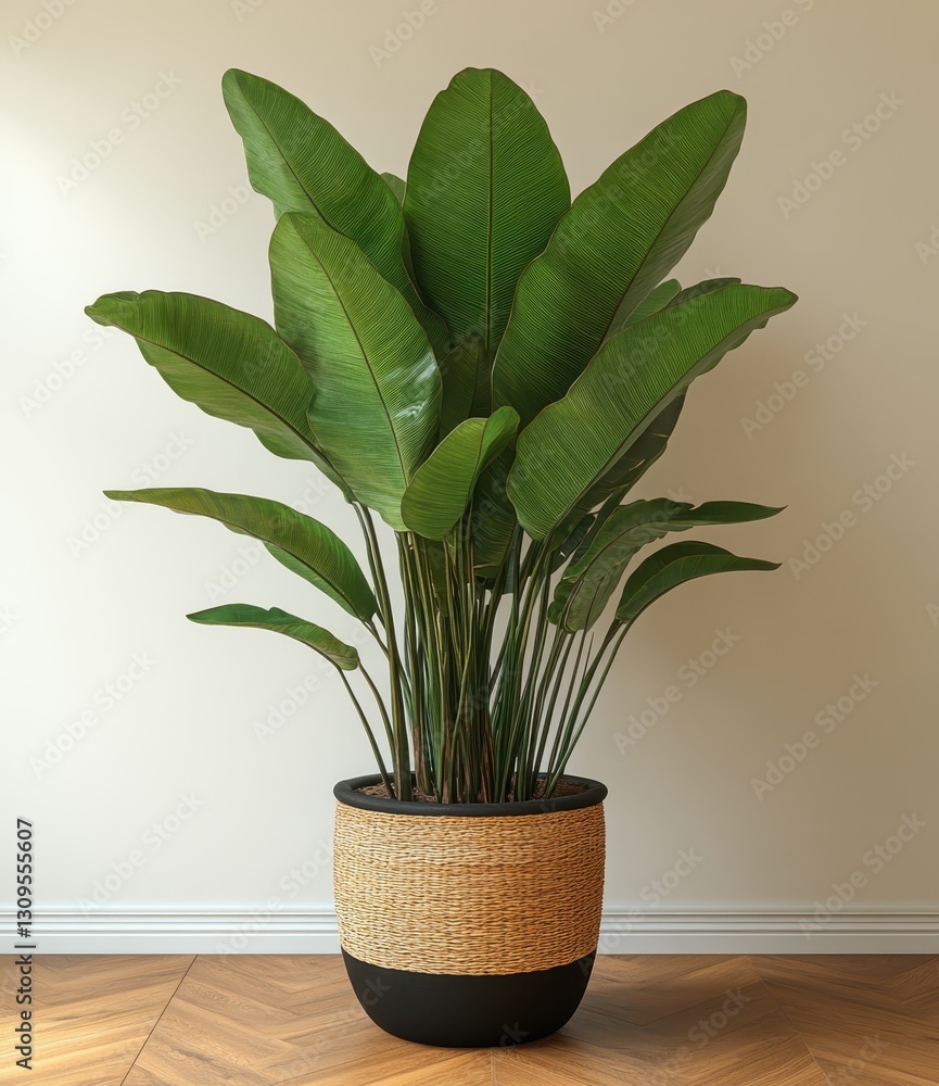 Obraz premium Lush Green Indoor Plant in Modern Pot with Natural Fiber Base Enhancing Minimalist Living Space Decor for Homes or Offices