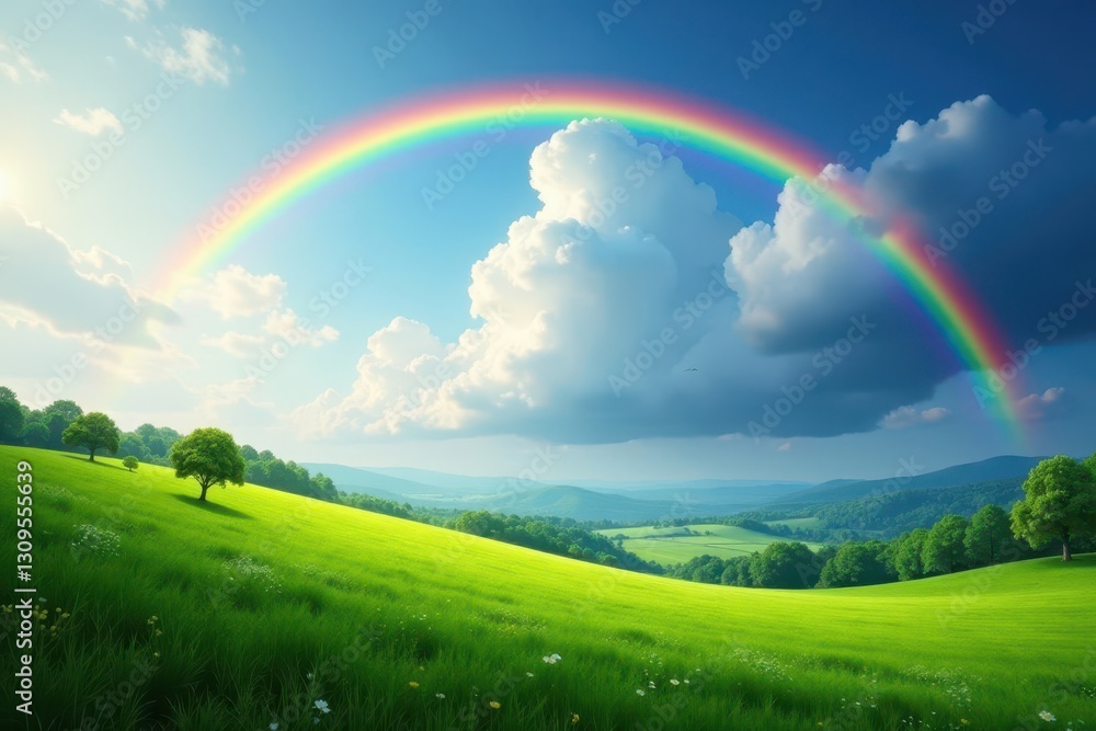 Vibrant rainbow arching over lush green valley, picturesque, valley Vibrant rainbow arching over lush green valley, picturesque, valley