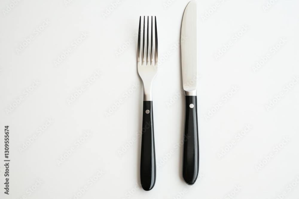 Cutlery set featuring a fork and knife on a minimalist table setting with black handles and a light background Cutlery set featuring a fork and knife on a minimalist table setting with black handles and a light background