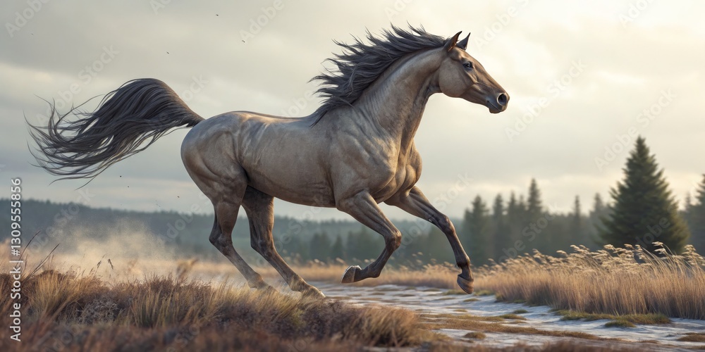 Fototapeta premium Magnificent Gray Horse Galloping in Meadow, Motion Blur, Equine Art , Animals