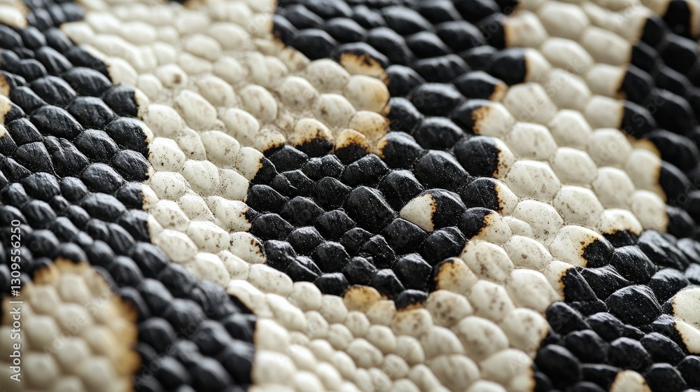 Fototapeta premium Intense black-and-white hexagonal patterns mimic snake scales, creating an intriguing textured surface with a striking diagonal arrangement