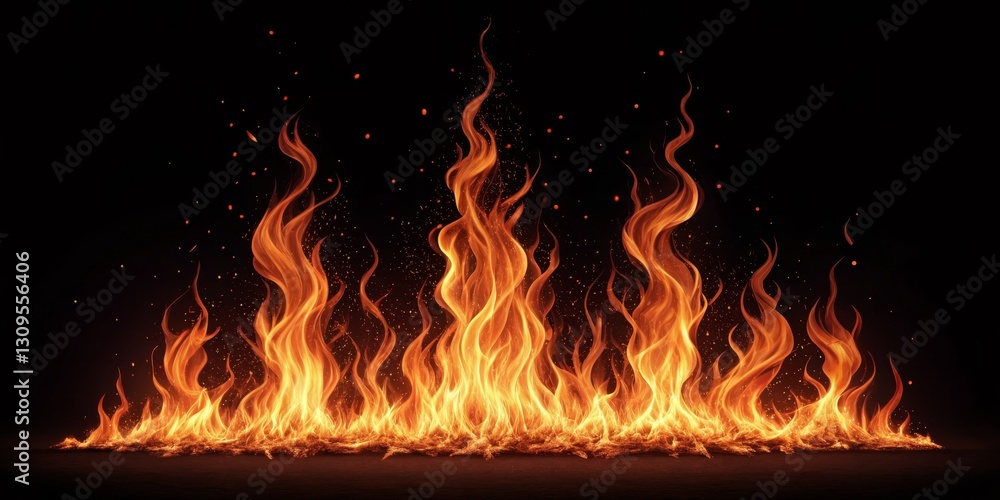 Fototapeta premium Inferno Flames Intense Fire with Sparks on Black, Heat, Blaze