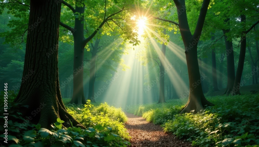 Obraz premium Wide angle shot, sun rays filtering through lush forest canopy, panorama, foliage
