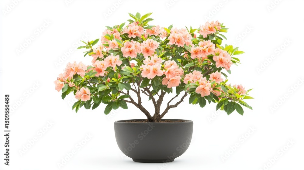 A beautiful potted azalea plant with pink flowers, featuring lush green leaves, displayed in a simple black pot against a white background. A beautiful potted azalea plant with pink flowers, featuring lush green leaves, displayed in a simple black pot against a white background.