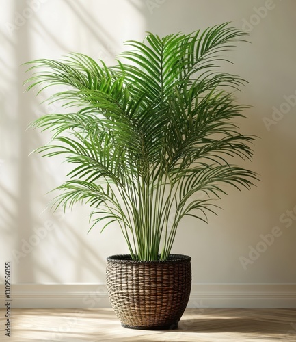 Lush Green Indoor Plant in Woven Basket Pot Enhancing Modern Home Decor with Natural Light and Soft Shadows on Wall