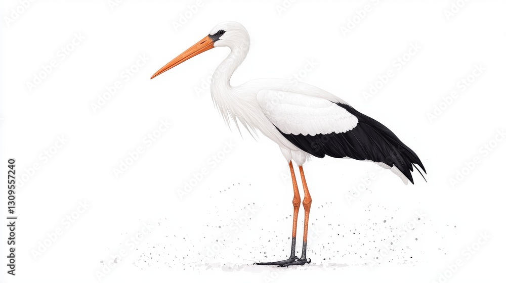 A white stork stands gracefully with a long orange beak and slender legs on a clean white background, showcasing its elegant form. A white stork stands gracefully with a long orange beak and slender legs on a clean white background, showcasing its elegant form.