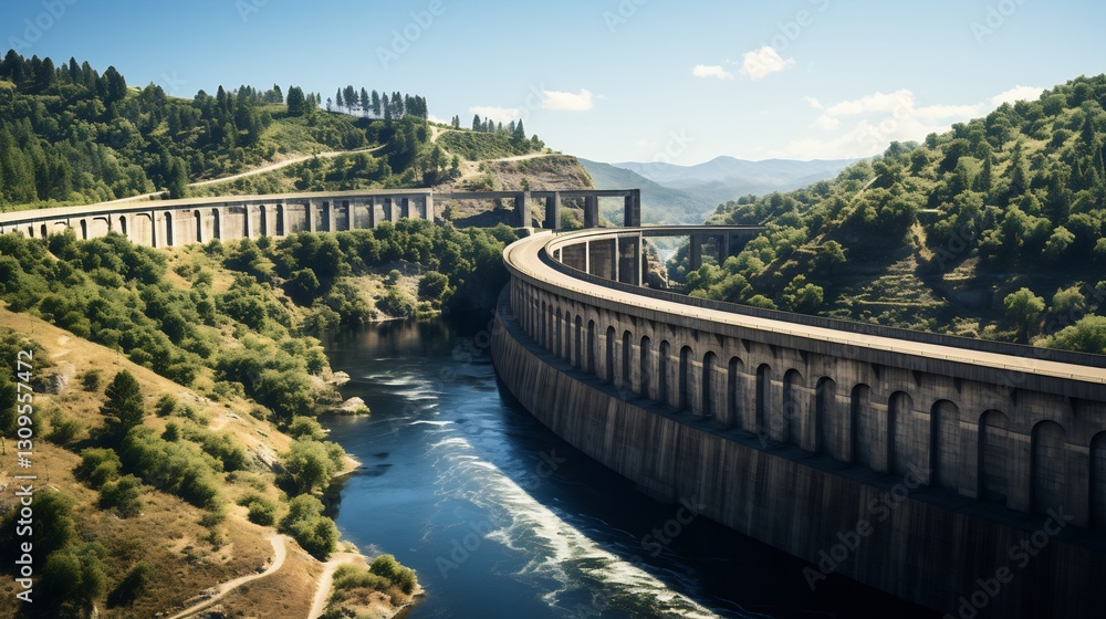 Majestic Dam Curving Through Mountain Landscape. Majestic Dam Curving Through Mountain Landscape.