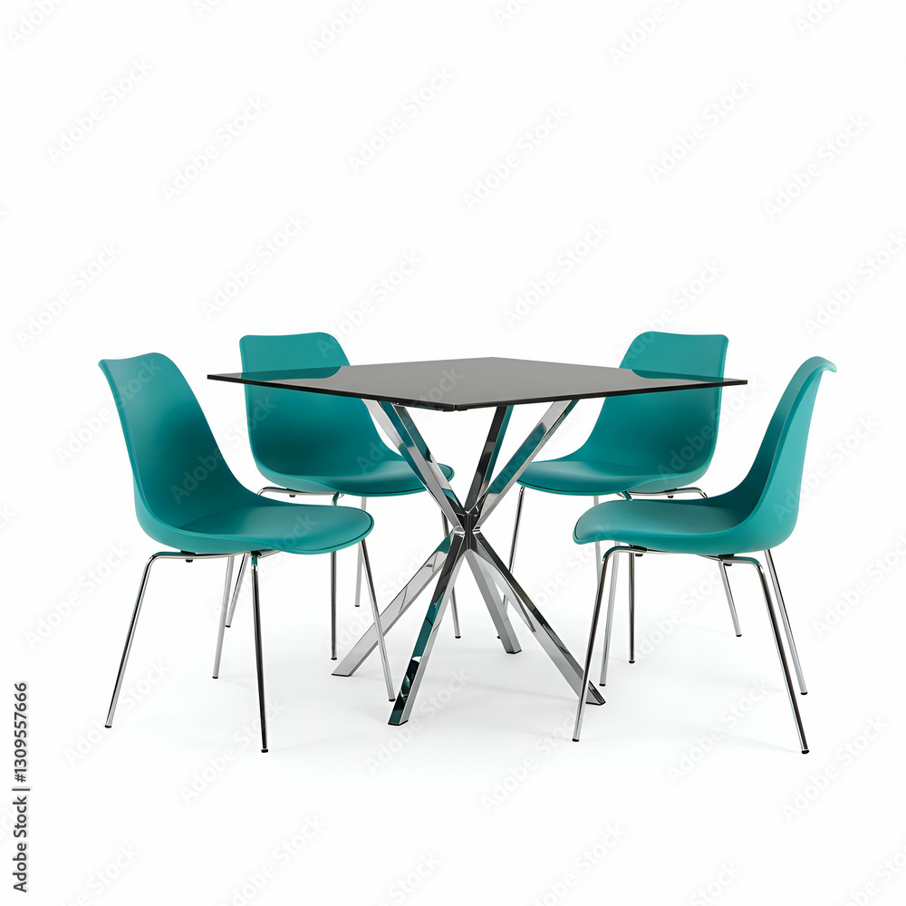 Obraz premium Modern Dining Set with Teal Chairs and Glass Top Table
