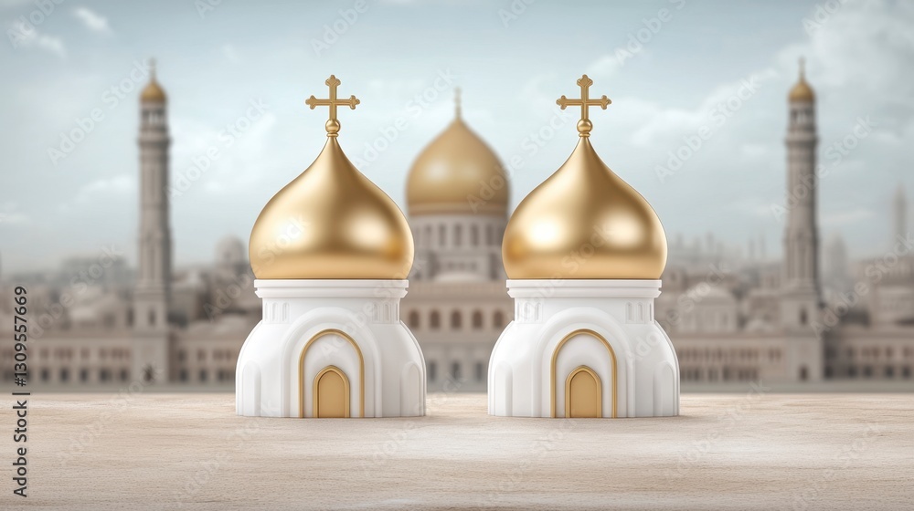 Fototapeta premium Two small white and gold churches stand in the foreground against a blurred background of a large cathedral and minarets under a cloudy sky.