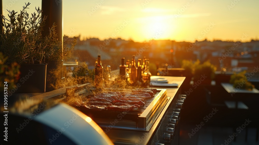 Grilling steaks at sunset on a rooftop, city skyline in background. Perfect for articles about summer, grilling, or rooftop entertaining. Grilling steaks at sunset on a rooftop, city skyline in background. Perfect for articles about summer, grilling, or rooftop entertaining.