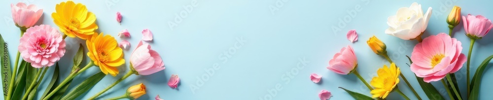 Fototapeta premium Pastel spring flowers arranged on a clear desk , daffodils, office, tulips