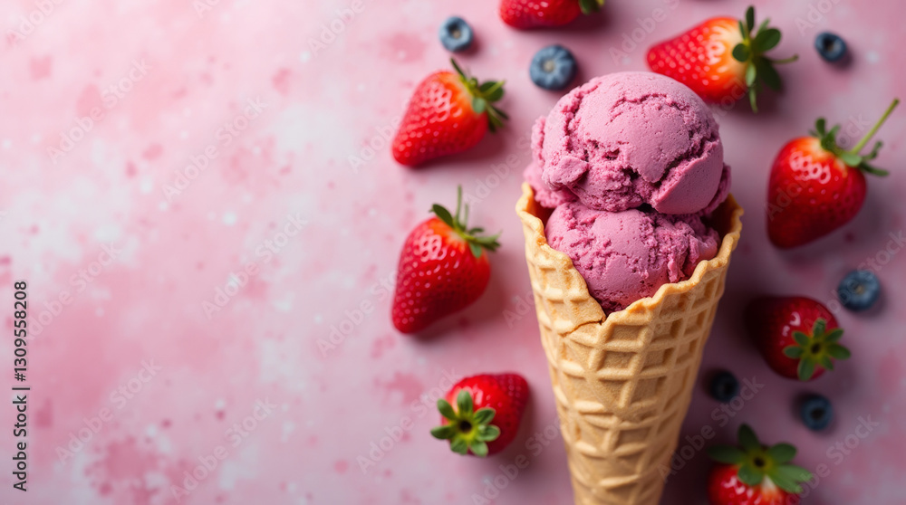 Berry ice cream scoop in waffle cone on pink rustic background, top view Berry ice cream scoop in waffle cone on pink rustic background, top view