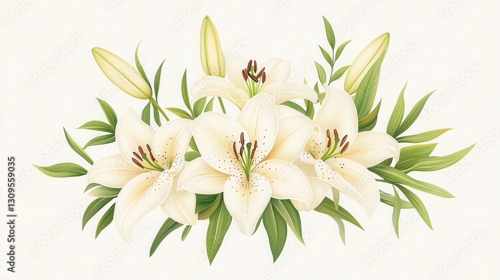 Obraz premium A delicate arrangement of white lilies surrounded by lush green leaves on a soft background, symbolizing purity and elegance.