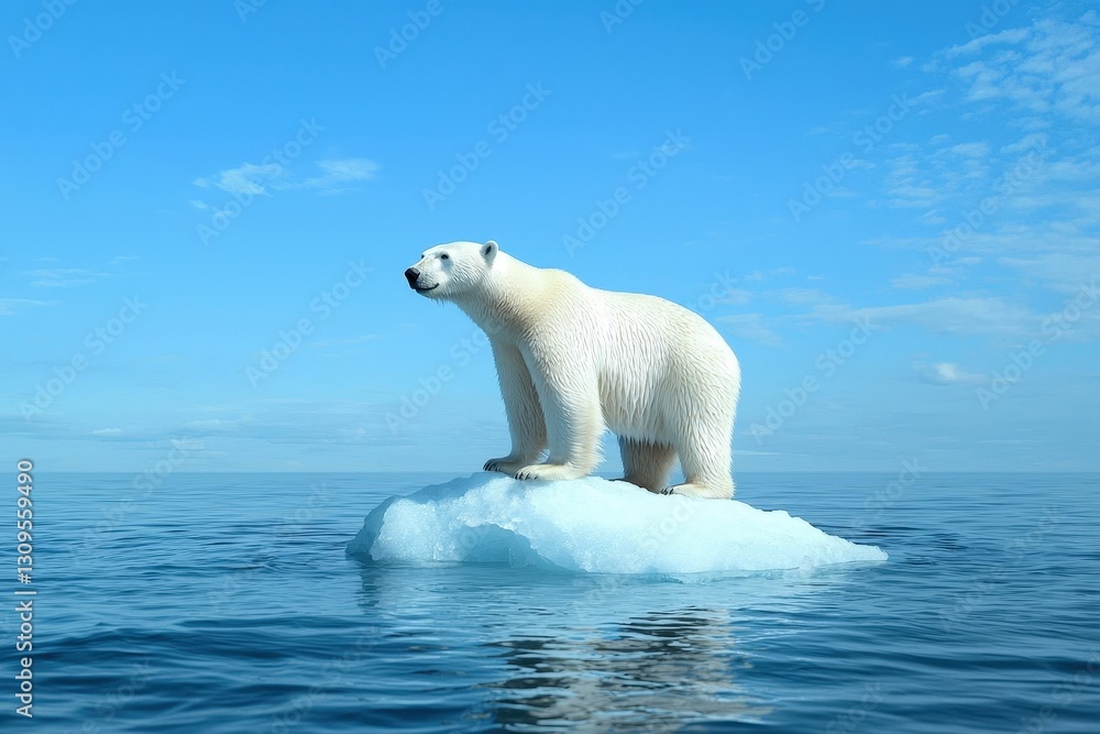 Fototapeta premium Polar Bear Stranded on Small Ice Piece Surrounded by Melting Waters in Arctic Landscape