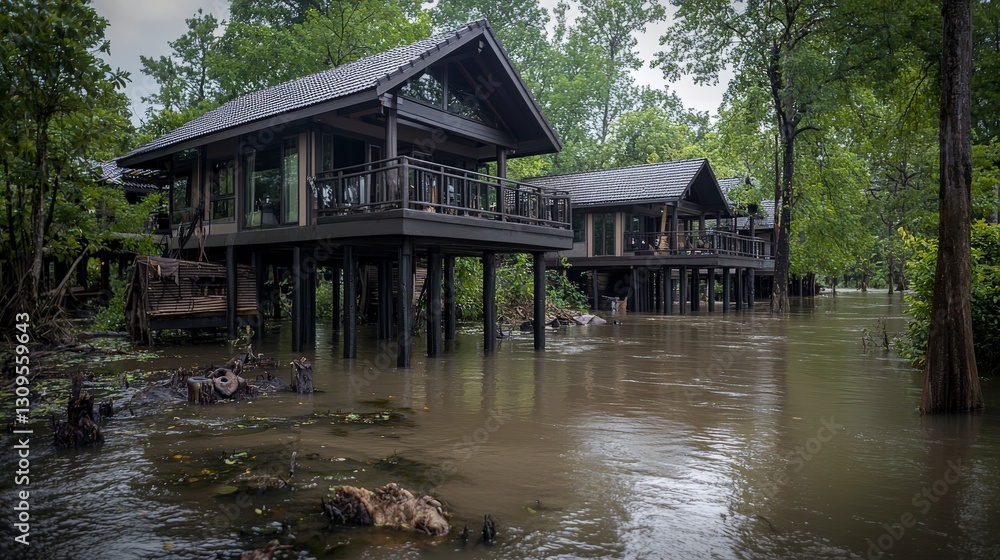 Flood-proof riverside home design innovative architecture showcasing scenic natural environments