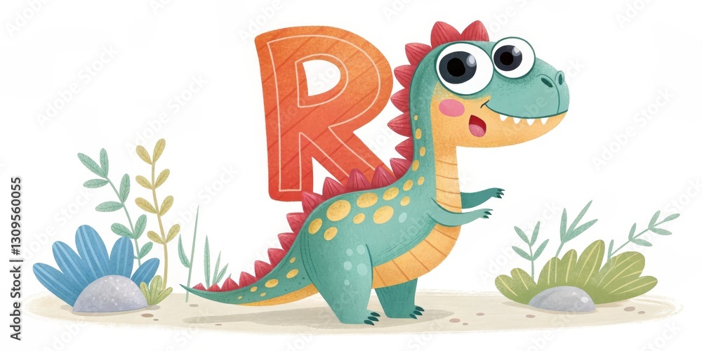 Naklejka premium Cartoon Dino with Letter R, alphabet , dinosaur