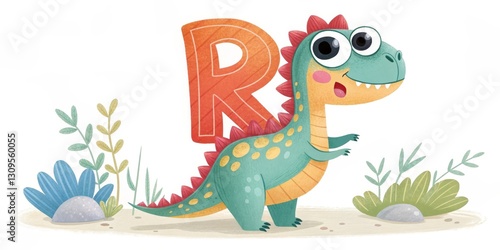 Fototapeta Naklejka Na Ścianę i Meble -  Cartoon Dino with Letter R, alphabet , dinosaur