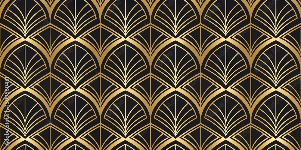 Art Deco Fan Pattern Golden Lines on Black Background, Geometric , Vintage Art Deco Fan Pattern Golden Lines on Black Background, Geometric , Vintage