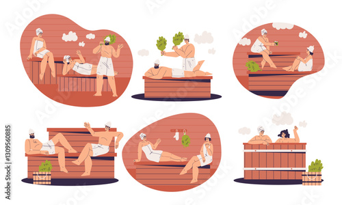 People Characters Bathing in Sauna and Taking Steam Bath Vector Set