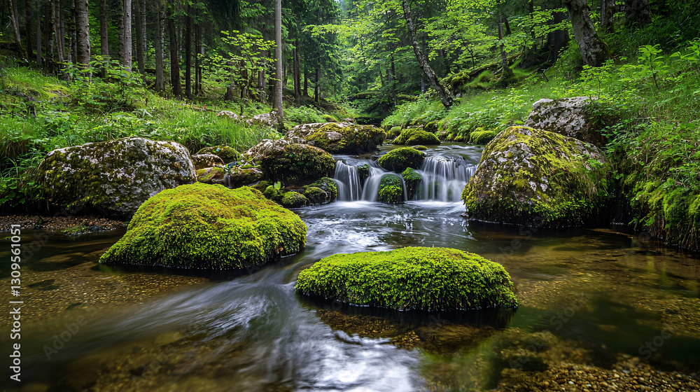 Crystal-Clear Forest Stream Flowing Through Mossy Rocks Crystal-Clear Forest Stream Flowing Through Mossy Rocks