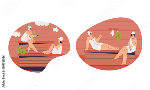 People Characters Bathing in Sauna and Taking Steam Bath Vector Set