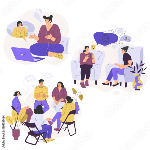 Psychotherapy Variety with Man and Woman at Mental Therapy Session Vector Set